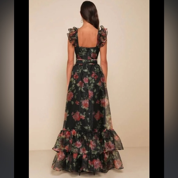 Lulus Befitting Glamour Black Floral Organza Ruffled Tiered Maxi Dress Sz Med - Picture 7 of 13
